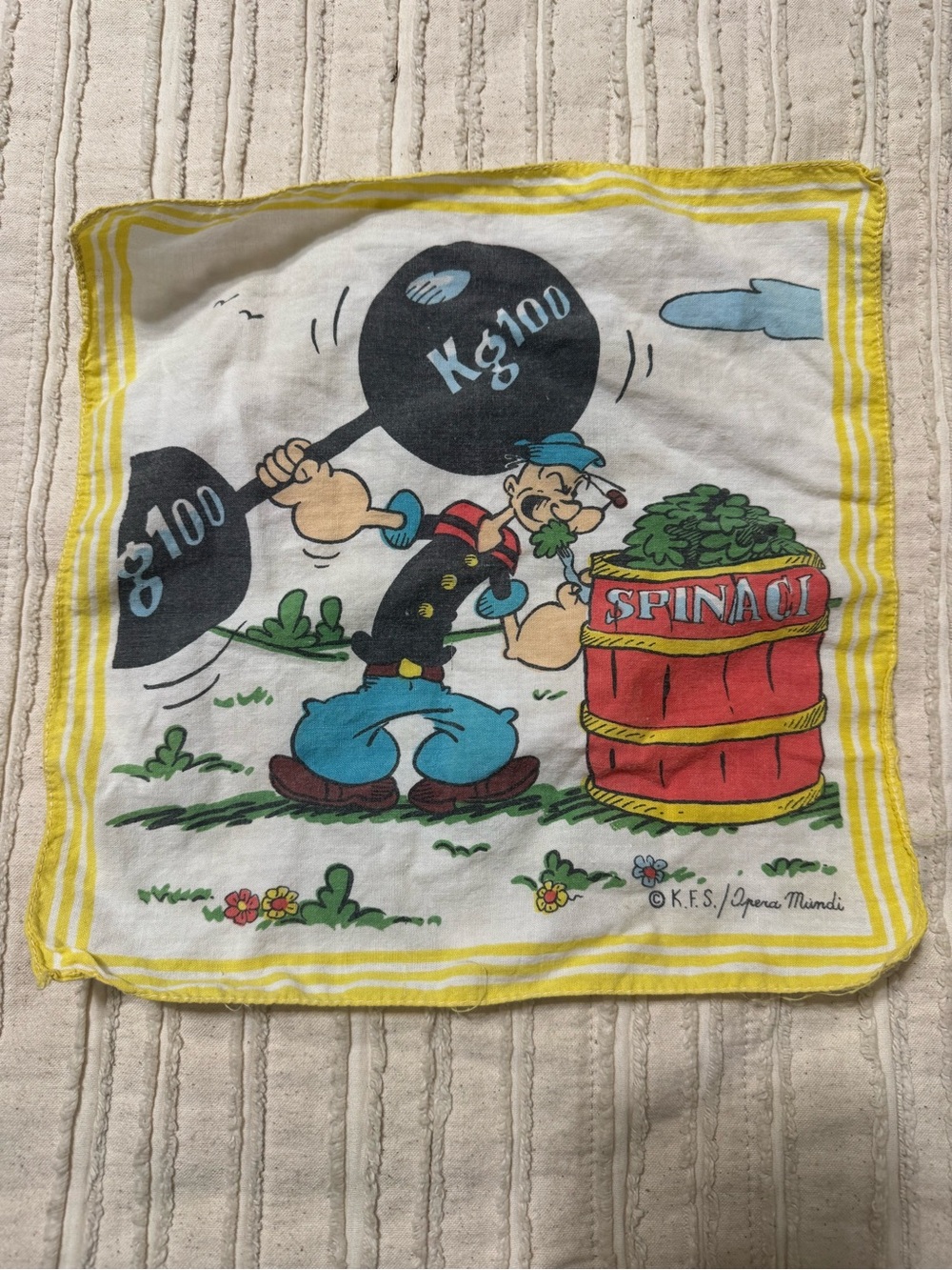 Popeye Vintage Cartoon hankie- Yellow Trim, Multicolor Print